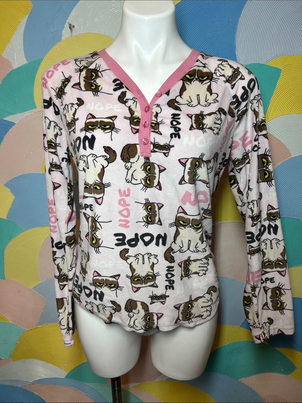 Grumpy Cat Pink Cat Print Henley Pajama Top Sz S